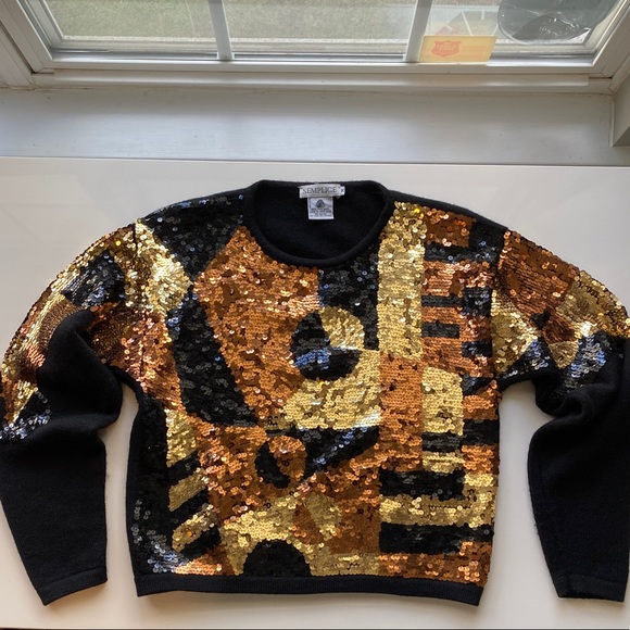 Vintage Semplice Sequin Metallic Front Design Black Wool Cropped Sweater EUC Med - Picture 8 of 16